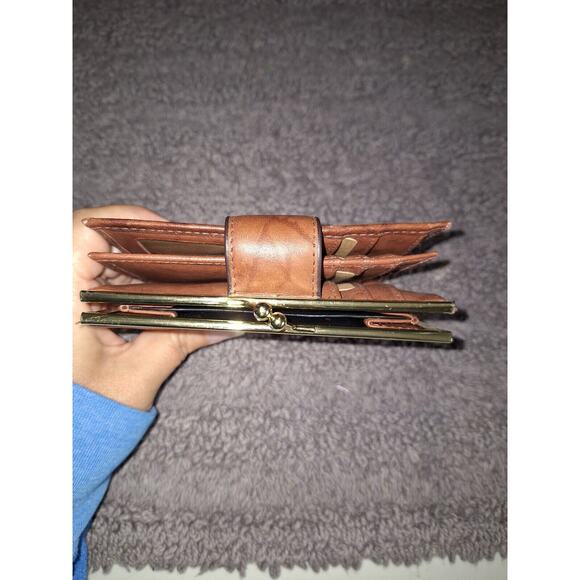 Buxton Heress Double Cordex Womans Wallet Carmel Brown Marbled Leather Kiss Lock - Picture 3 of 12